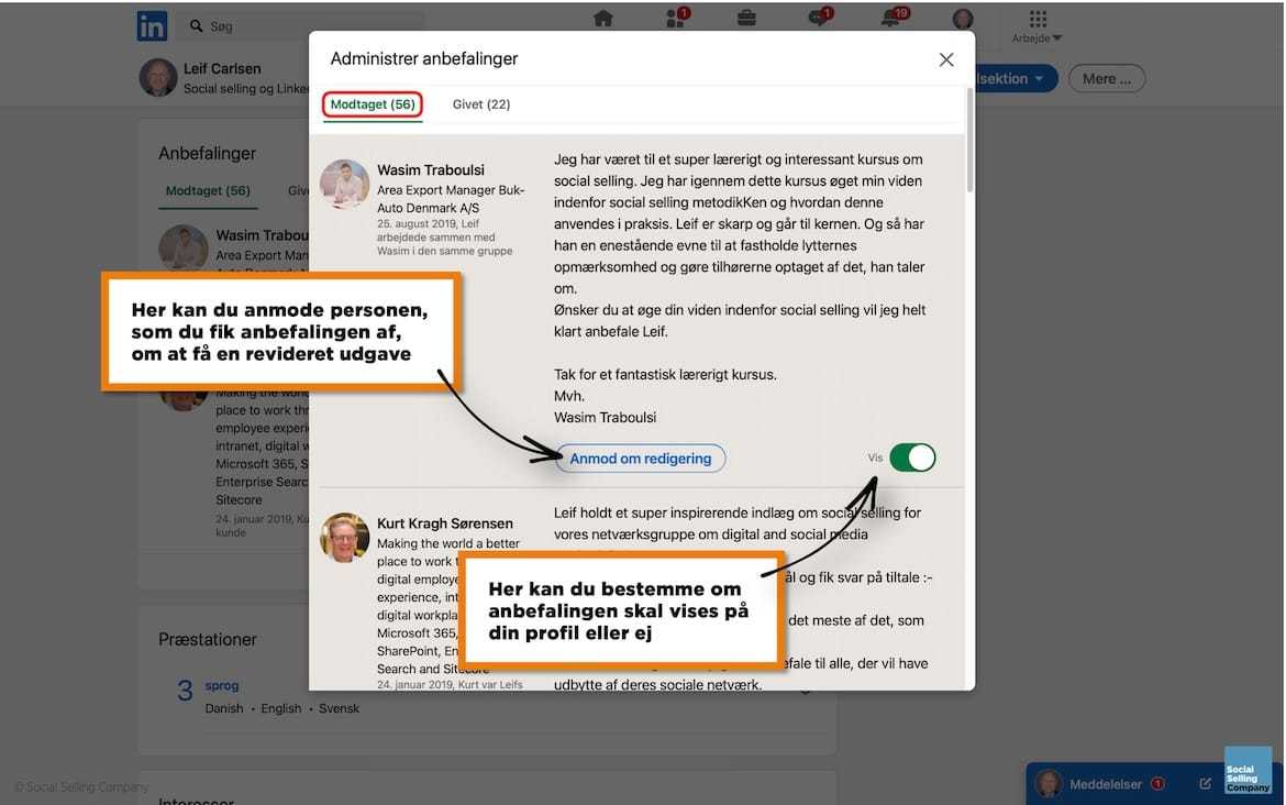 Visuel guide, der viser dig, hvordan du får et overblik over dine LinkedIn anbefalinger