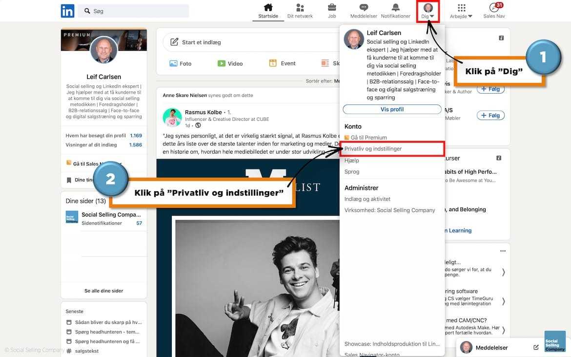 Visuel guide, der viser hvordan du tilpasser indstillingerne når du er færdig med at opdatere din LinkedIn profil