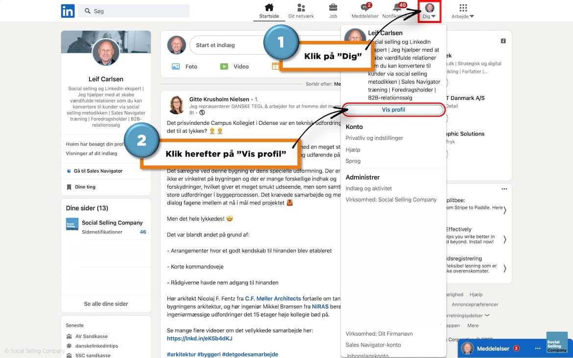 Visuel guide, der viser hvordan du redigerer i "Fremhævet" afsnittet på din LinkedIn profil
