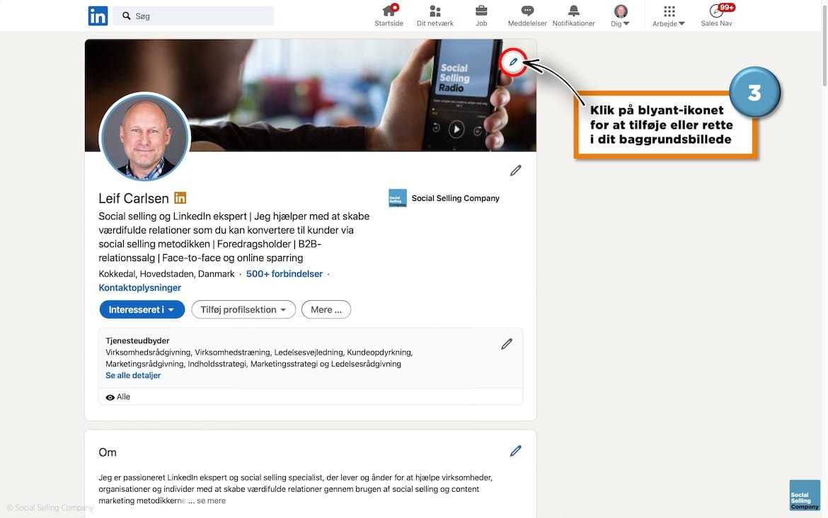 Visuel guide, der viser hvordan du tilføjer eller redigerer du et baggrundsbillede på din LinkedIn profil