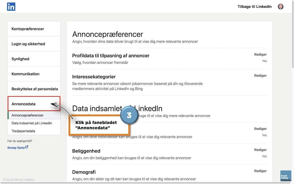 Visuel guide, der viser dig hvordan du får adgang til indstiling af annoncedata på din LinkedIn profil