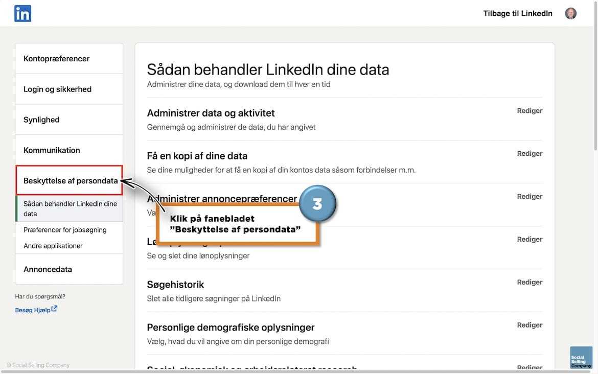 Visuel guide, der viser dig hvordan du får adgang til indstiling af beskyttelse af persondata på din LinkedIn profil