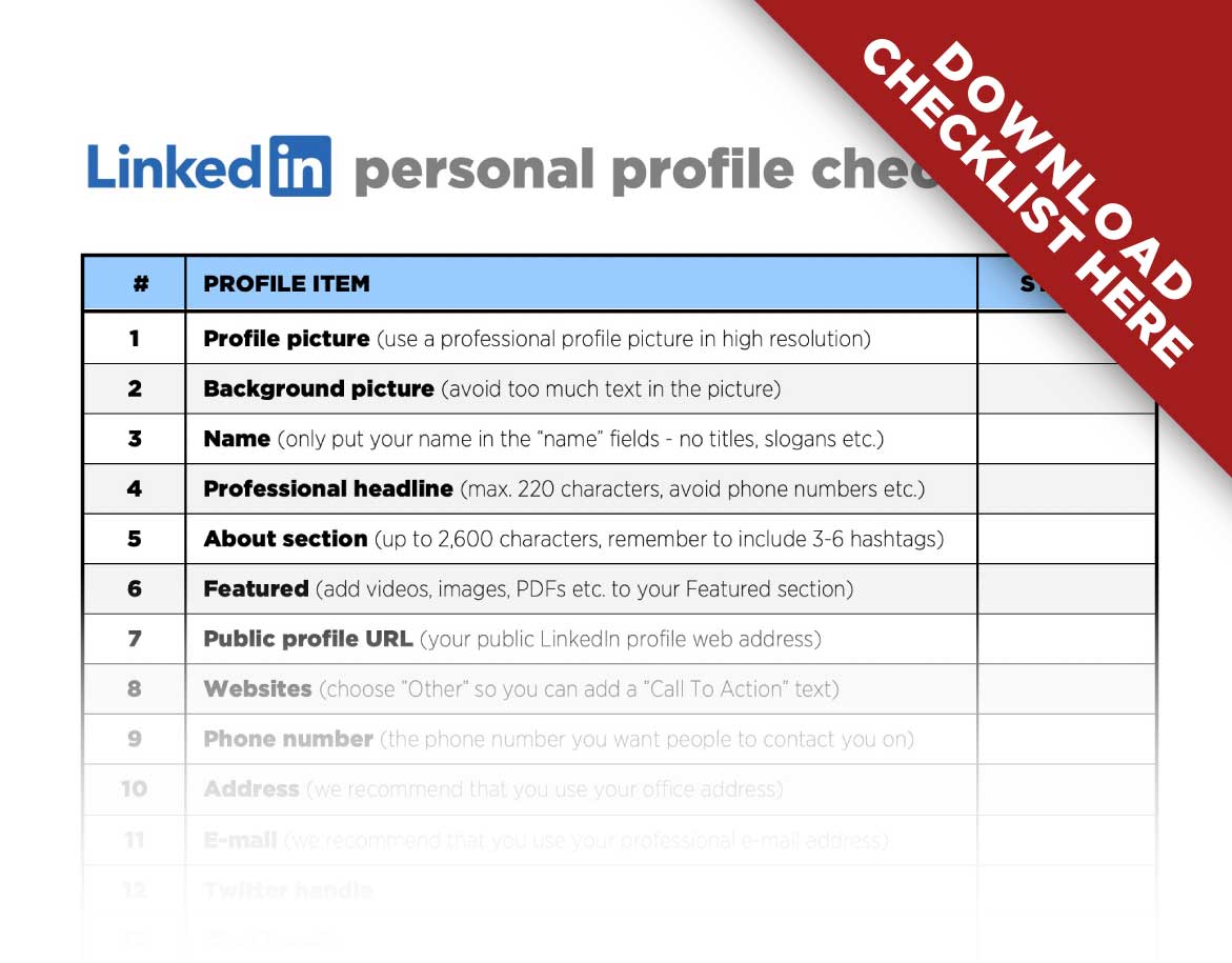 Here you will find a downlink link for our LinkedIn personal profile checklist