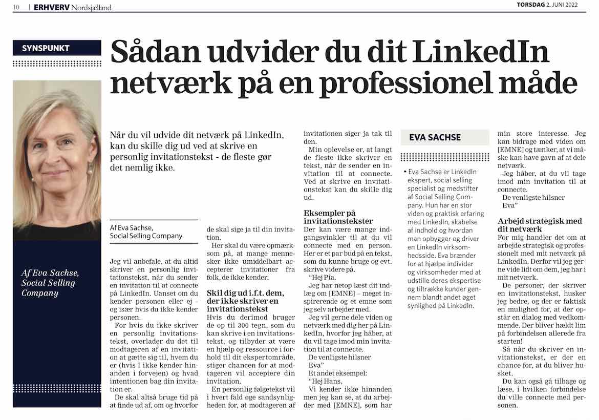 Erhverv Nordsjælland artikel med LinkedIn ekspert Eva Sachse om hvordan du udvider dit LinkedIn netværk på en professionel måde