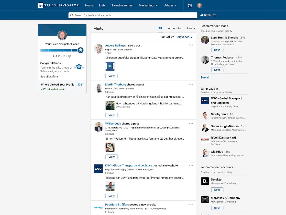 Eksempel på screenshot af hvordan LinkedIn Sales Navigator Professional ser ud