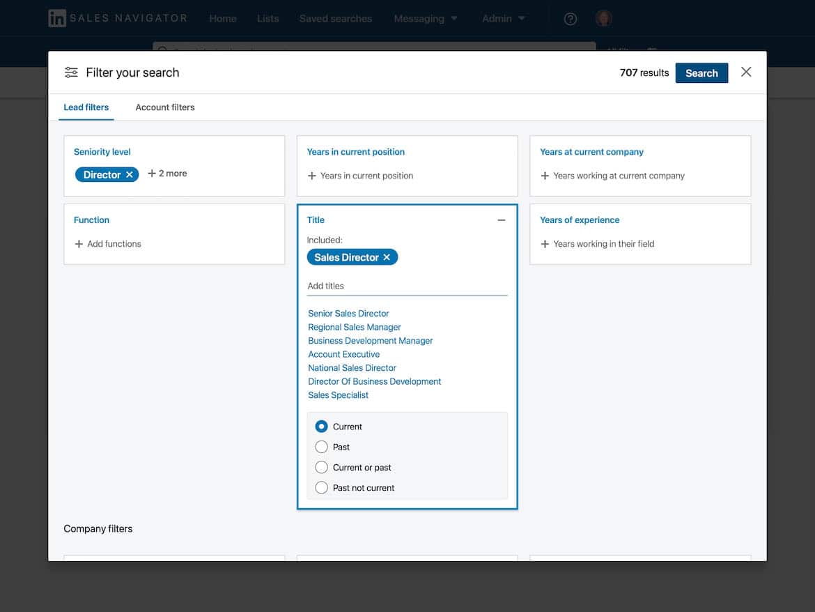 Eksempel på screenshot af hvordan filterfunktionen i LinkedIn Sales Navigator Professional ser ud