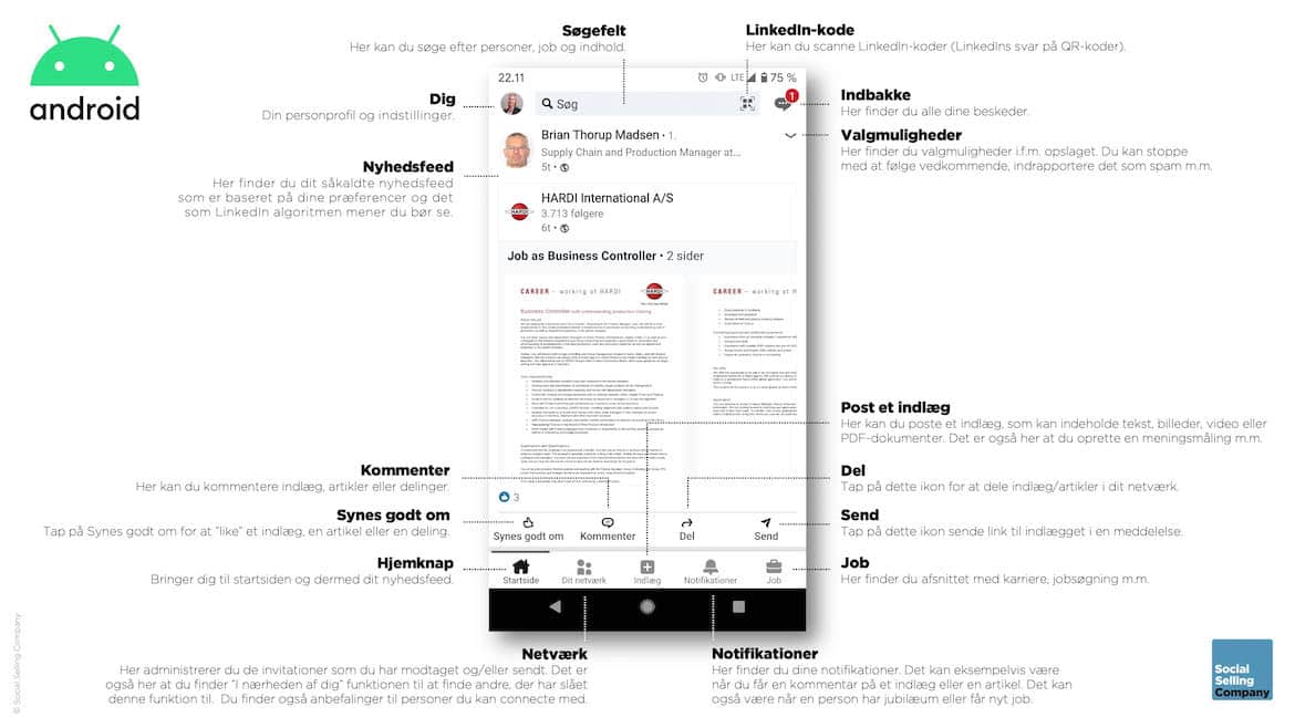Her kan du se et skærmdump af hvordan startskærmen på LinkedIns Android mobil app ser ud