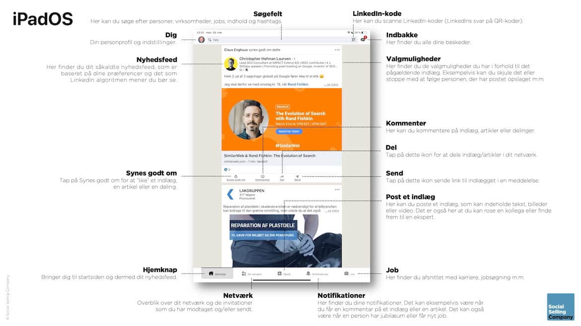 Her kan du se et skærmdump af hvordan startskærmen på LinkedIns iPadOS tablet app ser ud